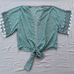 Max Studio Ivory Green and Blue Mosaic Print Tie Front V-Neck Bell Sleeve Top